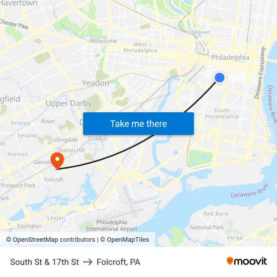 South St & 17th St to Folcroft, PA map