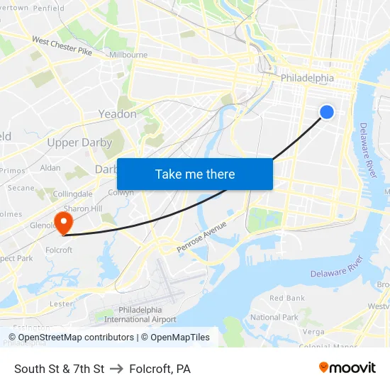 South St & 7th St to Folcroft, PA map