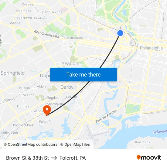 Brown St & 38th St to Folcroft, PA map
