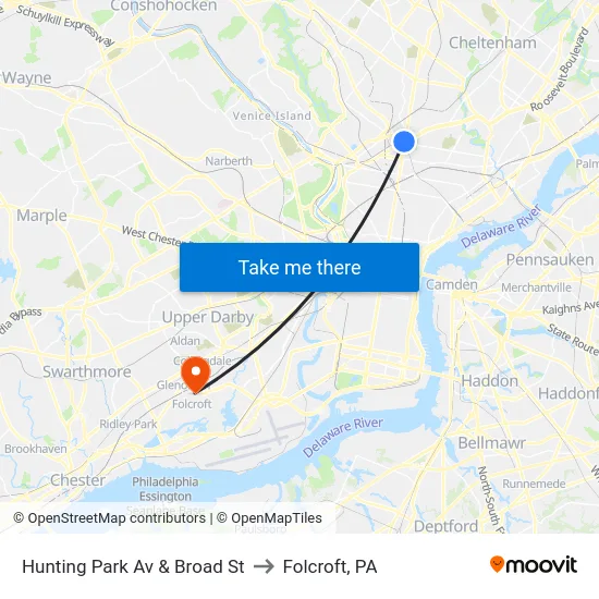 Hunting Park Av & Broad St to Folcroft, PA map