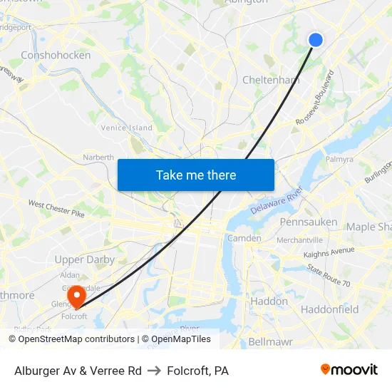 Alburger Av & Verree Rd to Folcroft, PA map