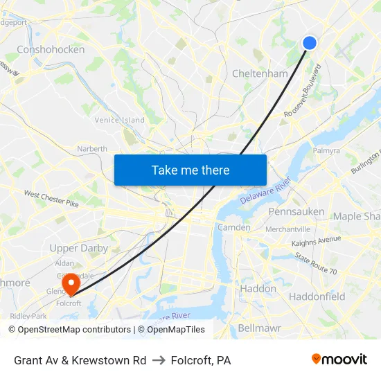 Grant Av & Krewstown Rd to Folcroft, PA map