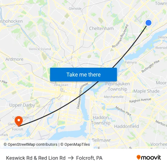 Keswick Rd & Red Lion Rd to Folcroft, PA map