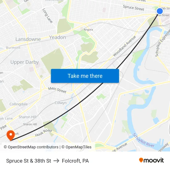 Spruce St & 38th St to Folcroft, PA map