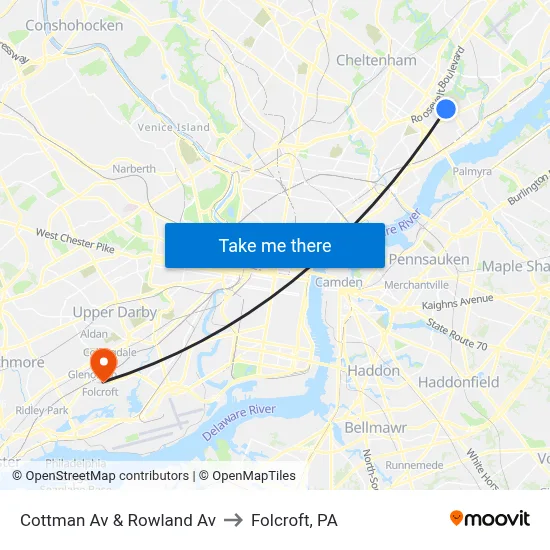 Cottman Av & Rowland Av to Folcroft, PA map