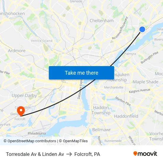 Torresdale Av & Linden Av to Folcroft, PA map