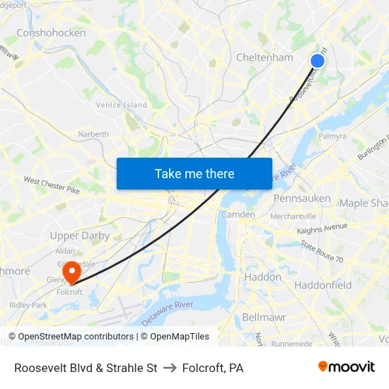 Roosevelt Blvd & Strahle St to Folcroft, PA map