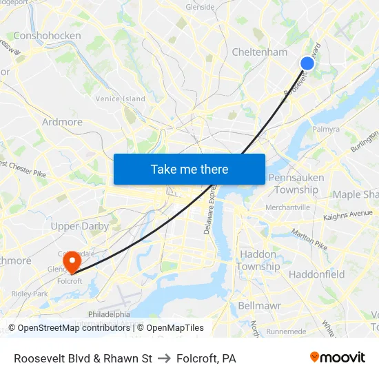 Roosevelt Blvd & Rhawn St to Folcroft, PA map