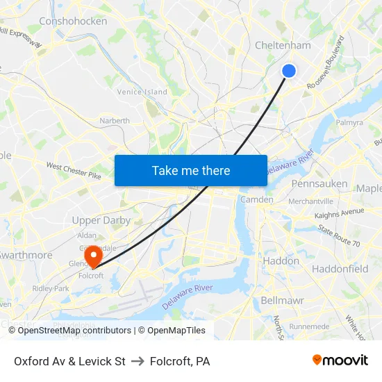 Oxford Av & Levick St to Folcroft, PA map