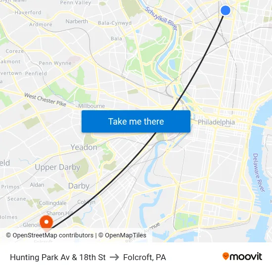 Hunting Park Av & 18th St to Folcroft, PA map