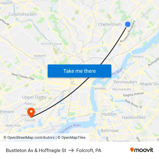 Bustleton Av & Hoffnagle St to Folcroft, PA map
