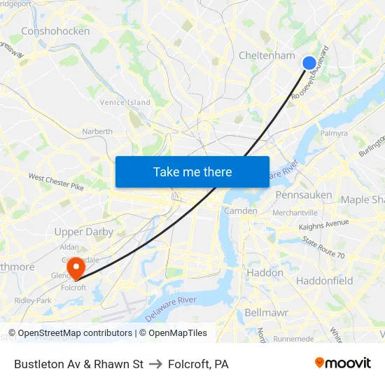 Bustleton Av & Rhawn St to Folcroft, PA map