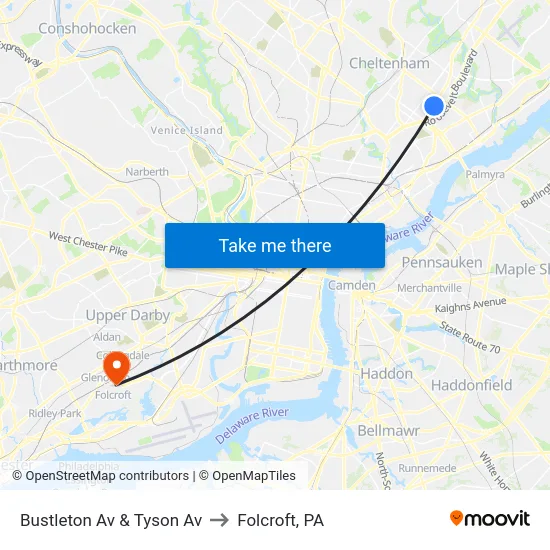 Bustleton Av & Tyson Av to Folcroft, PA map