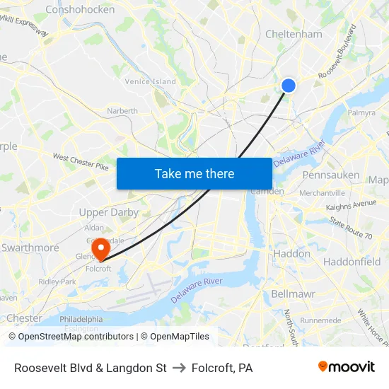 Roosevelt Blvd & Langdon St to Folcroft, PA map