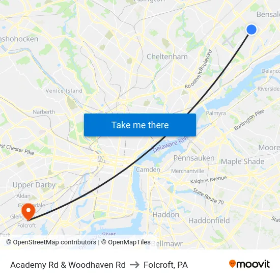 Academy Rd & Woodhaven Rd to Folcroft, PA map