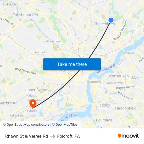 Rhawn St & Verree Rd to Folcroft, PA map