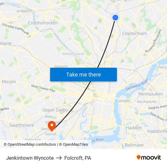 Jenkintown Wyncote to Folcroft, PA map