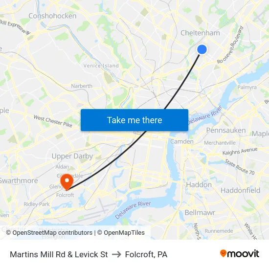 Martins Mill Rd & Levick St to Folcroft, PA map