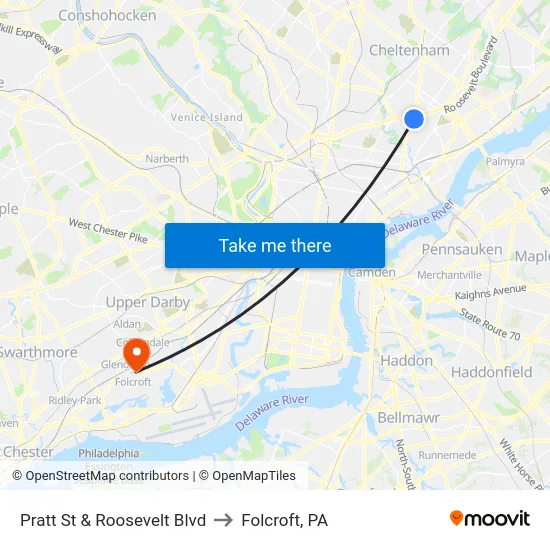 Pratt St & Roosevelt Blvd to Folcroft, PA map