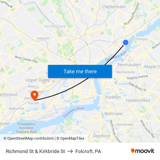 Richmond St & Kirkbride St to Folcroft, PA map