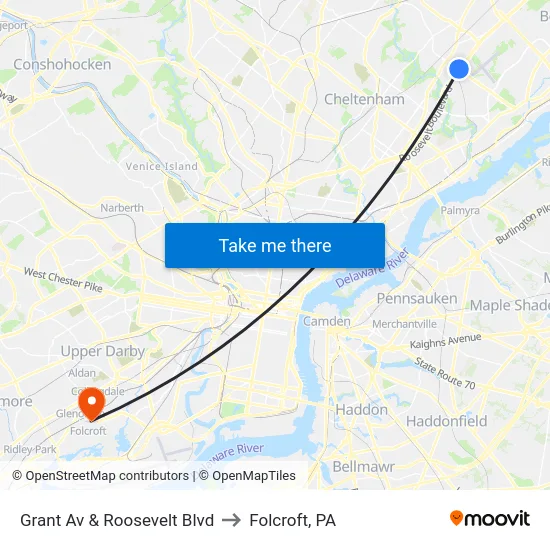 Grant Av & Roosevelt Blvd to Folcroft, PA map