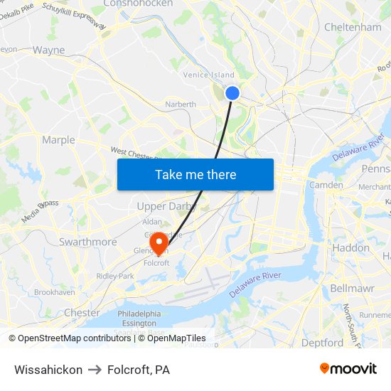 Wissahickon to Folcroft, PA map