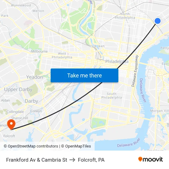 Frankford Av & Cambria St to Folcroft, PA map