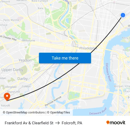 Frankford Av & Clearfield St to Folcroft, PA map