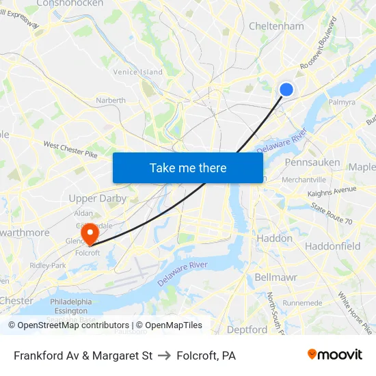 Frankford Av & Margaret St to Folcroft, PA map