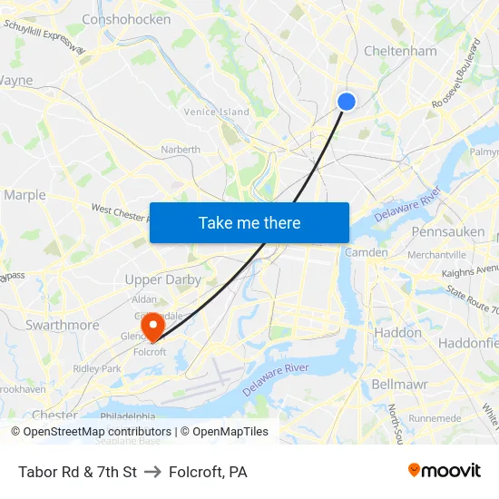 Tabor Rd & 7th St to Folcroft, PA map