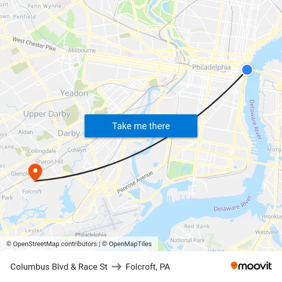 Columbus Blvd & Race St to Folcroft, PA map