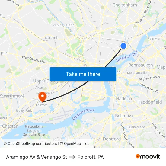 Aramingo Av & Venango St to Folcroft, PA map