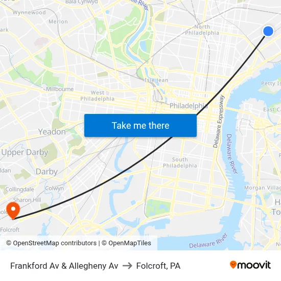Frankford Av & Allegheny Av to Folcroft, PA map