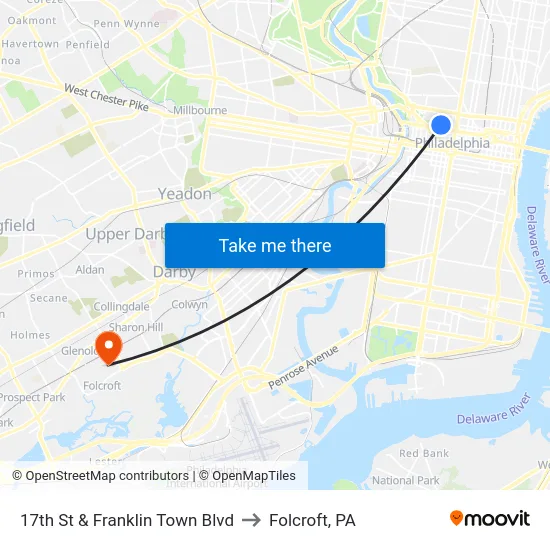 17th St & Franklin Town Blvd to Folcroft, PA map