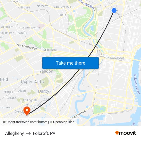 Allegheny to Folcroft, PA map