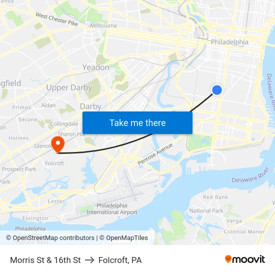 Morris St & 16th St to Folcroft, PA map