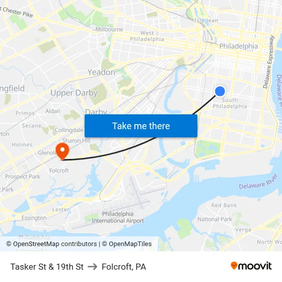 Tasker St & 19th St to Folcroft, PA map