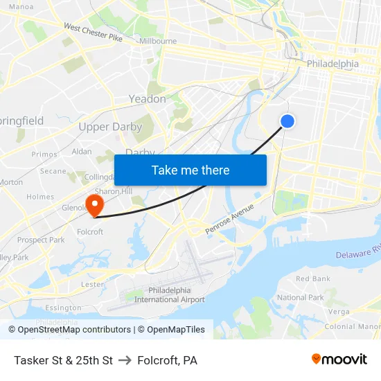 Tasker St & 25th St to Folcroft, PA map