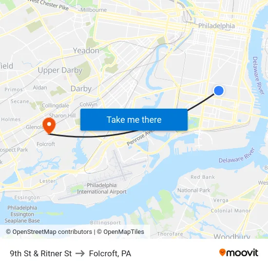 9th St & Ritner St to Folcroft, PA map