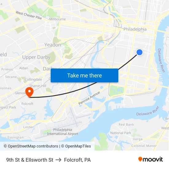 9th St & Ellsworth St to Folcroft, PA map