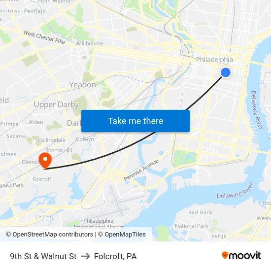 9th St & Walnut St to Folcroft, PA map