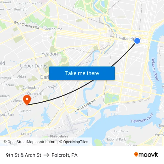 9th St & Arch St to Folcroft, PA map