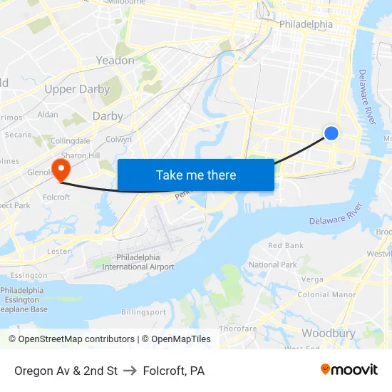 Oregon Av & 2nd St to Folcroft, PA map