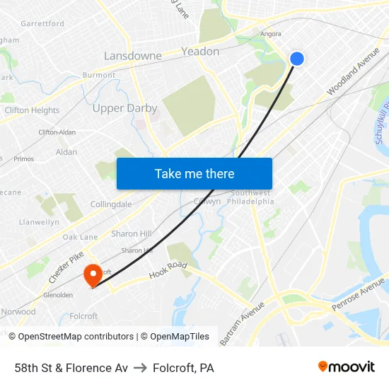 58th St & Florence Av to Folcroft, PA map