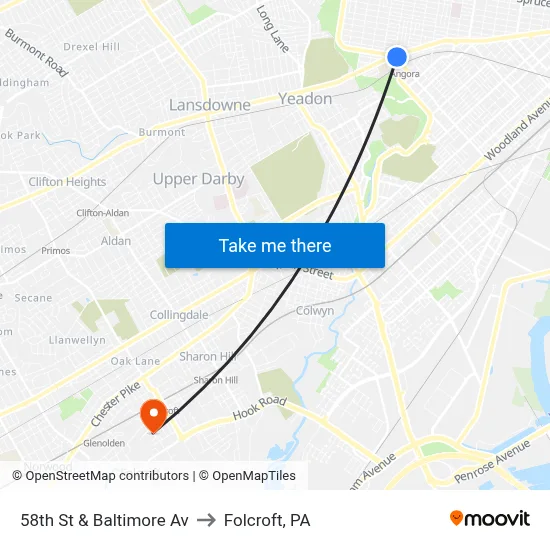 58th St & Baltimore Av to Folcroft, PA map