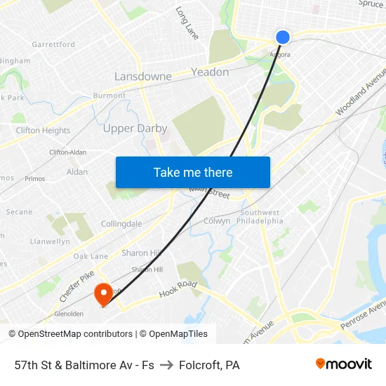 57th St & Baltimore Av - Fs to Folcroft, PA map