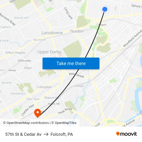 57th St & Cedar Av to Folcroft, PA map