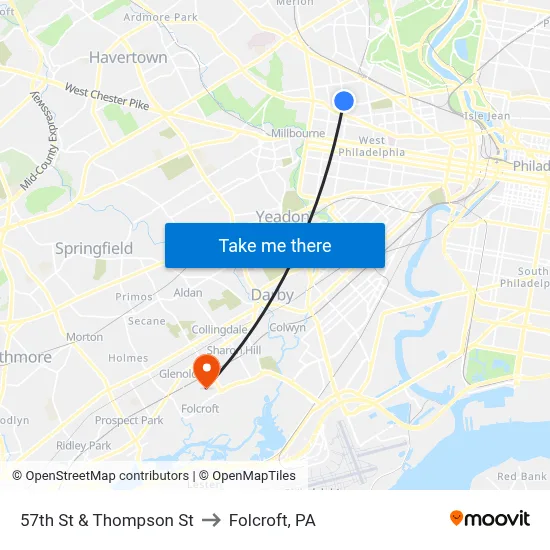 57th St & Thompson St to Folcroft, PA map
