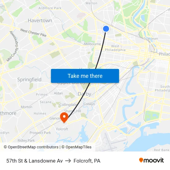 57th St & Lansdowne Av to Folcroft, PA map