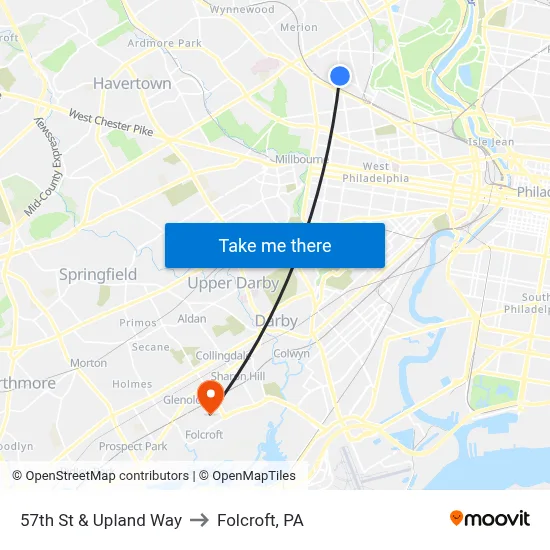 57th St & Upland Way to Folcroft, PA map